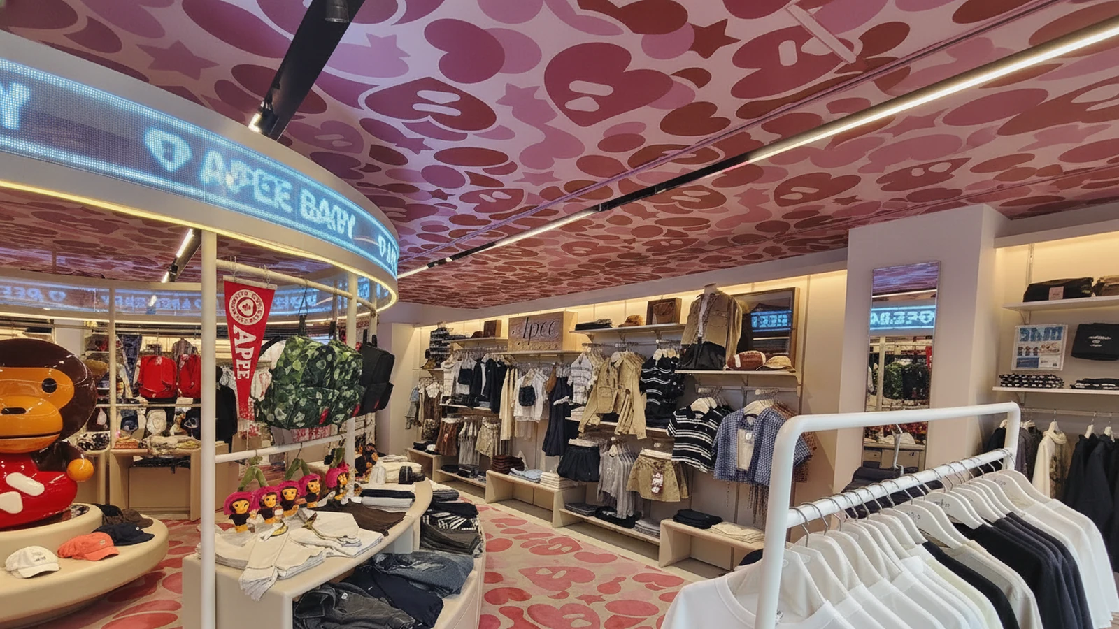 BAPE STORE 하라주쿠 내부 — A BATHING APE 시그니처 카모 패턴 디스플레이와 매장 선반 군집