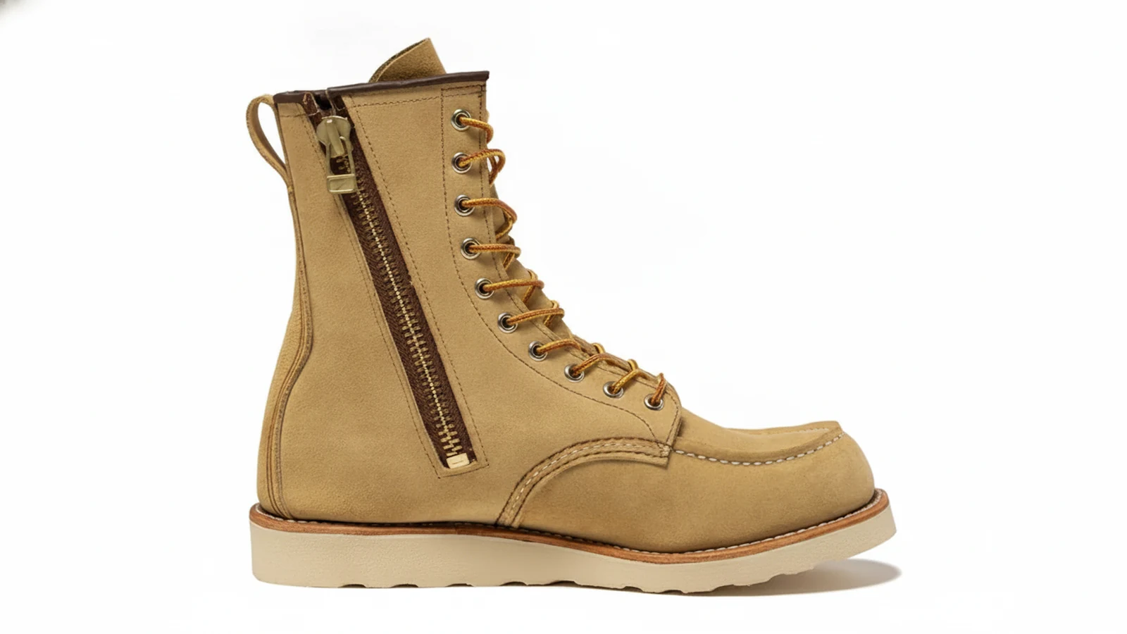 HUMAN MADE × Red Wing Style 4669 Classic Moc — 8인치 Hawthorne Abilene rough-out 가죽, medial 지퍼 디테일과 Taslan 레이스