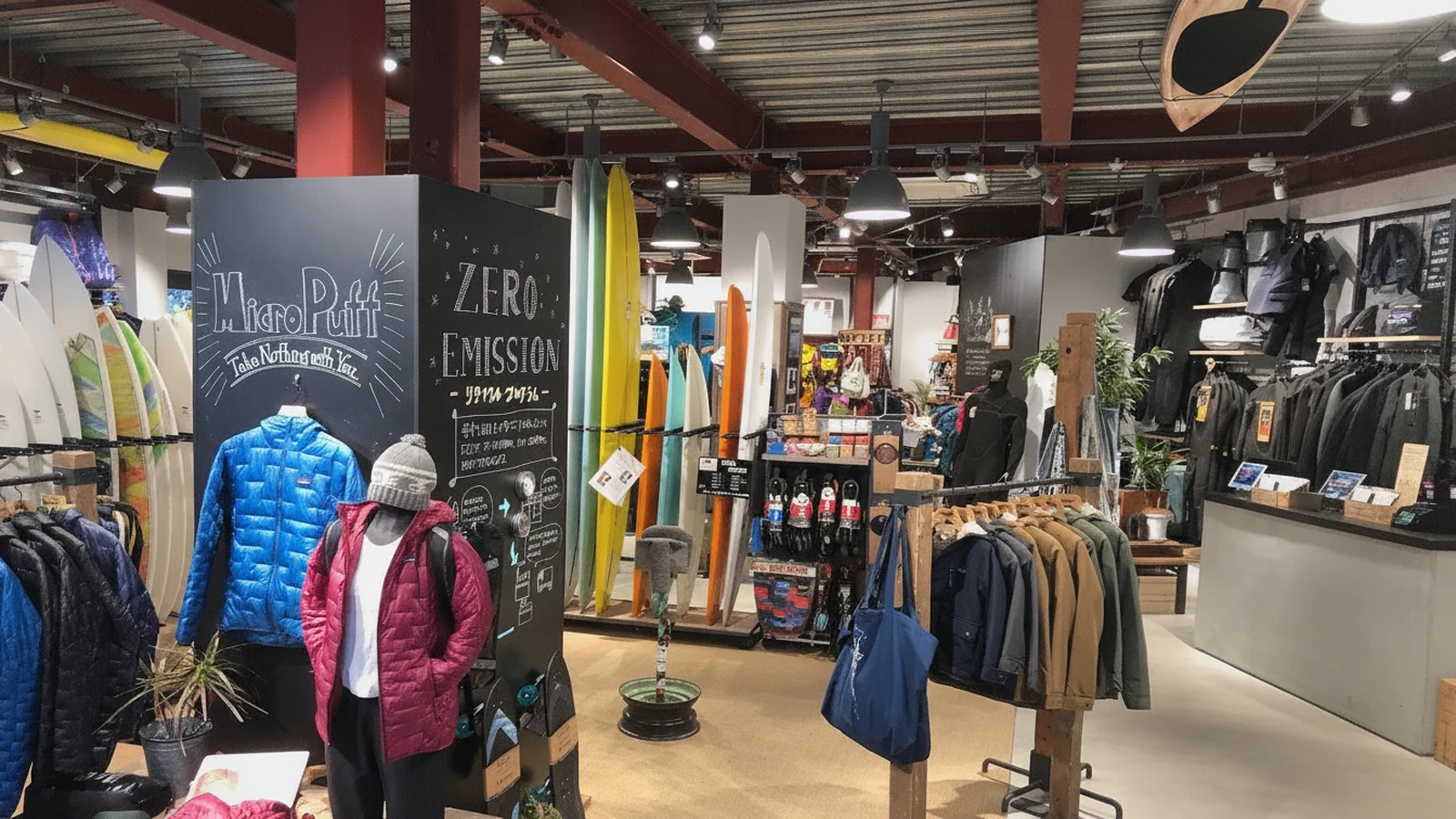 Patagonia Surf Tokyo 하라주쿠 캣스트리트 — 녹슨 사인과 목재 외관의 서프 개러지 분위기