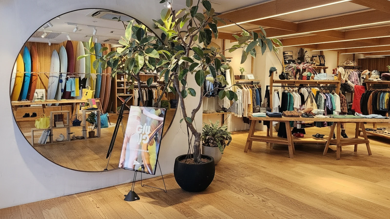 Pilgrim Surf+Supply Tokyo — Engineered Garments와 Battenwear가 함께 진열된 이스트 코스트 감성 공간