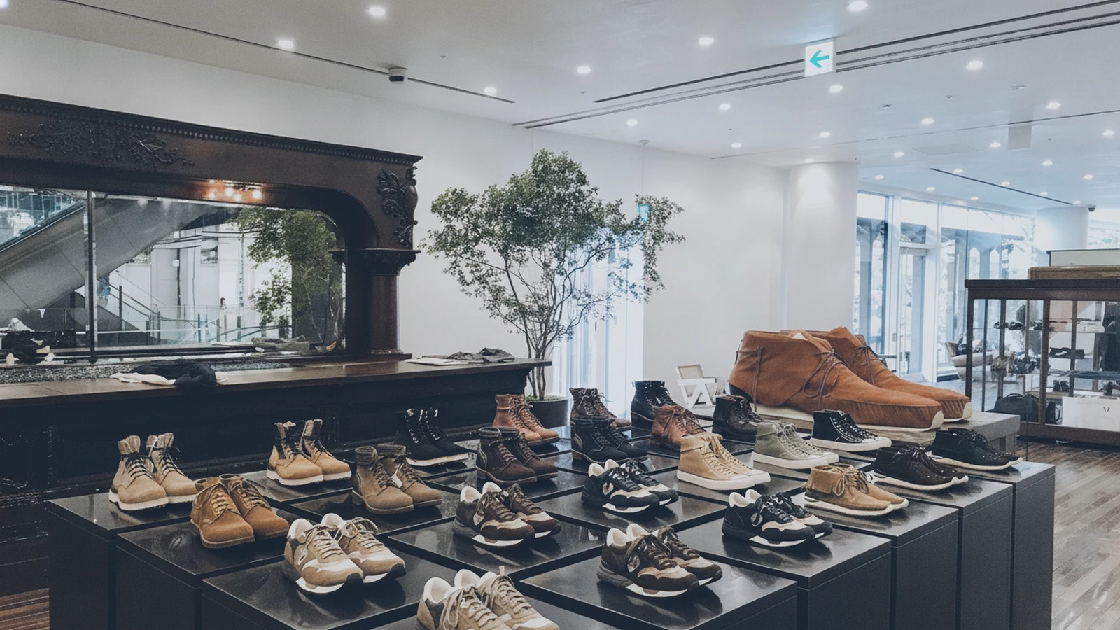 visvim GYRE 오모테산도 매장 내부 — 남녀 전 라인과 전 데님 품번을 갖춘 상업 플래그십
